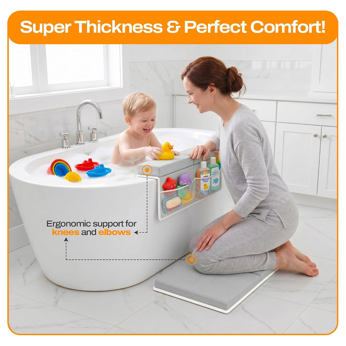 Bath Kneeler and Elbow Rest Pad Set-Baby Bath Kneeler with 1.5'' Comfortable Thick Memory Foam, Non-Slip Knee & Arm Support for Baby Bath Time,Foldable Bath Mat for Baby Storage Pockets