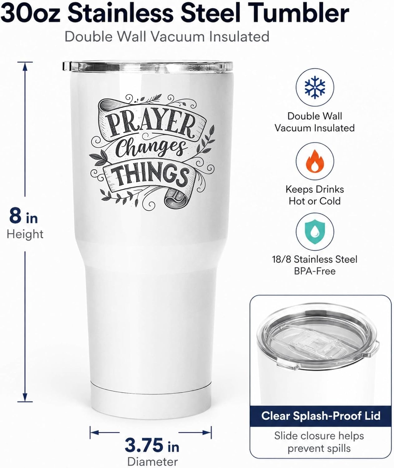 Prayer Changes Things Tumbler 20oz White | Scripture-Inspired Typography for Believers Who Find Strength in Daily Devotion