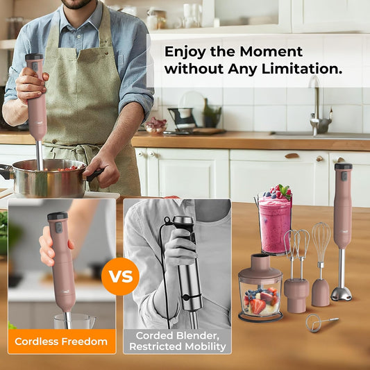 Rosewill 6-in-1 Multi-Speed Cordless Rechargeable Immersion Hand Blender, Heavy Duty Motor - Stick Blender, Beaker, Whisk, Chopper, Dual Beater, Milk Frother - For Smoothies, Baby Food, Soup - Mocha