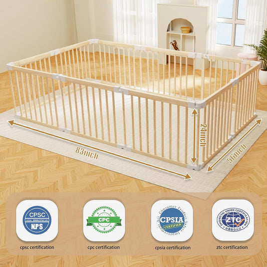 Baby Playpen, 56x83x24.1 inch, Foldable Wooden Play Yard with Gate