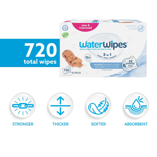 Sensitive+ Newborn & Baby Wipes, 3-In-1 Cleans, Cares, Protects, 99.9% Water, Unscented & Hypoallergenic, 720 Count (12 Packs)