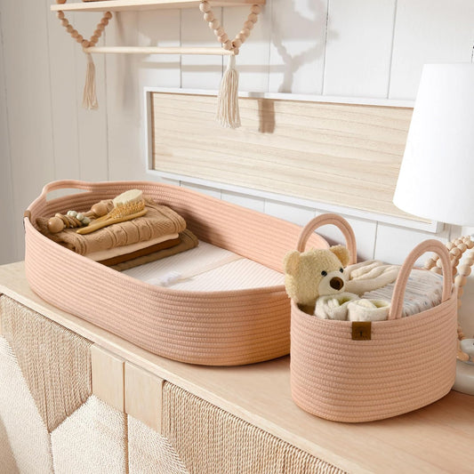 J&JOO Baby Changing Basket includes Diaper Caddy - Soft & Waterproof Dual-Cover, Portable, Changing Pad for Dresser & Changing Table, Gift for Baby Shower, Organic Cotton Rope