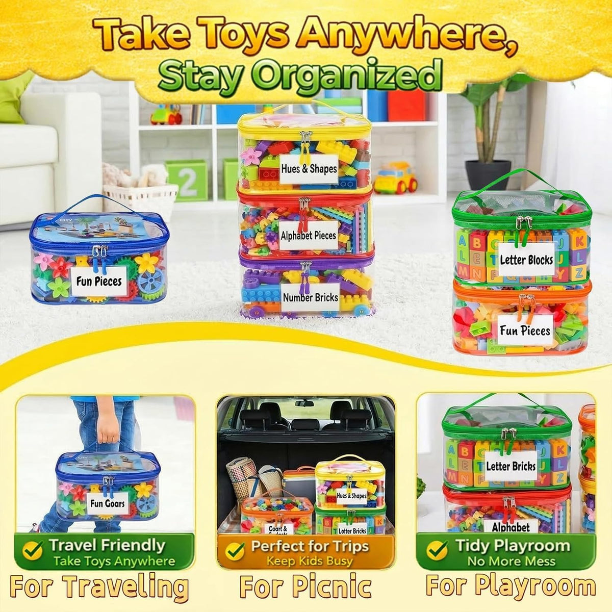 Clear Toy Storage Bags, Kids Toy Organizer with Zipper, Waterproof PVC, Large Capacity for Puzzles, Blocks & Board Games, Easy Sorting with Labels