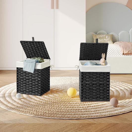 Laundry Hamper with Lid, 40L Clothes Hamper with 2 Removable Liner Bags & 2 Mesh Laundry Bags, Handwoven Synthetic Rattan Laundry Basket for Clothes, Toys in Bathroom, Bedroom Black