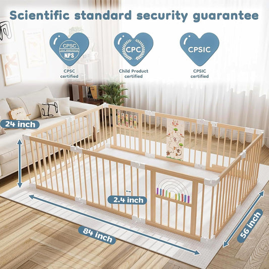 Ulnxiy Wooden Baby Playpen with Toy 84"x56" Foldable Play Yard for Toddlers