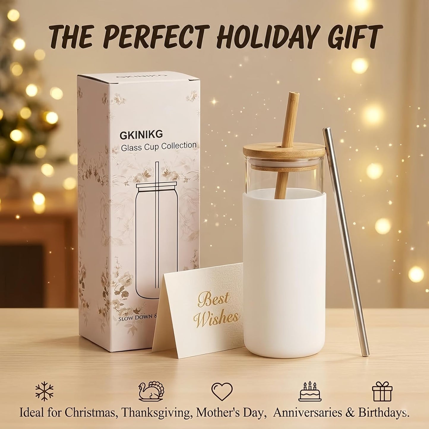 16 oz glass cups with lids and straws - Thick 2.8mm Borosilicate Iced Coffee Cup and smoothie cup with White Silicone Sleeve -Car Cup Holder Reusable Water Bottle for Smoothie & Matcha, Gift Box