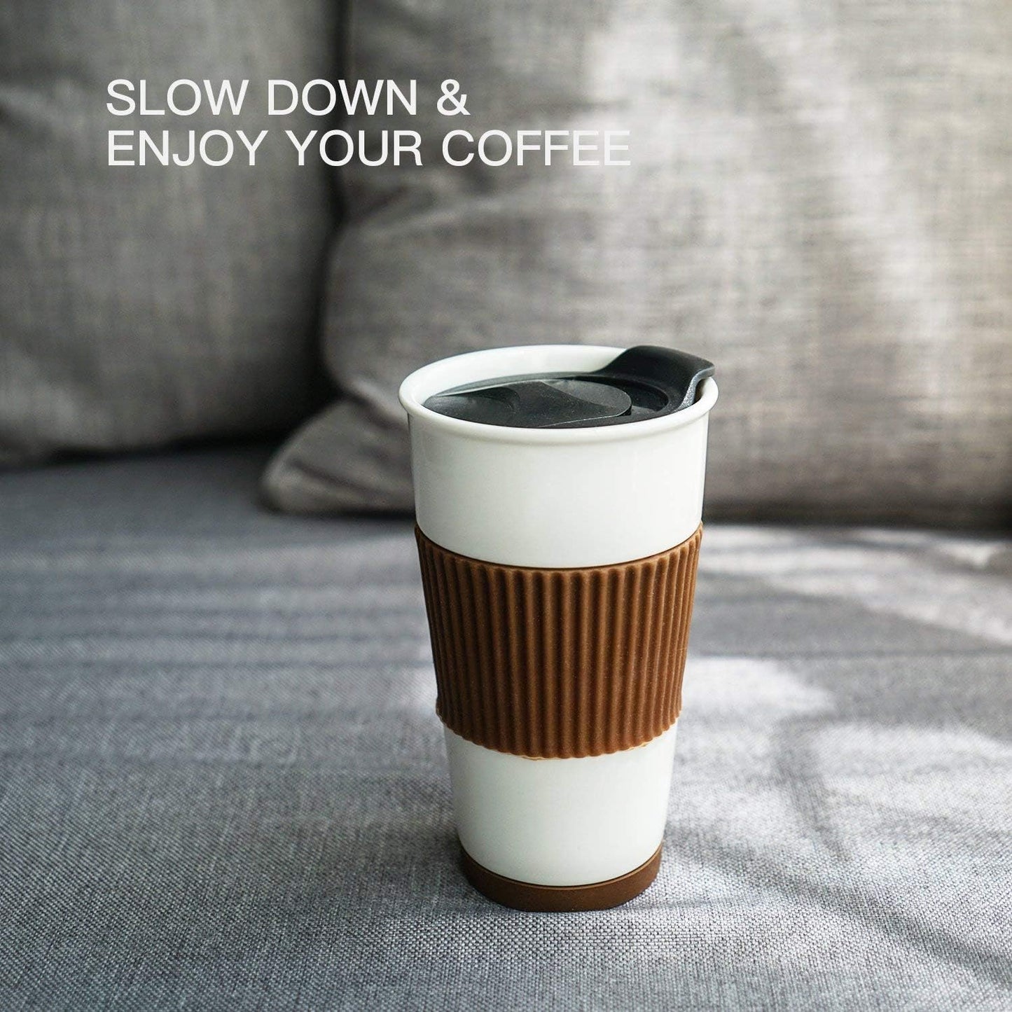 Gentle Ceramic Double Wall Insulated Travel Coffee Cup, 10oz, Coffee | Slider Lid, Silicone Sleeve & Built-In Coaster, Drip-Free, Non-Slip, No Sound, On-The-Go, Microwave-Safe & Dishwash-Safe