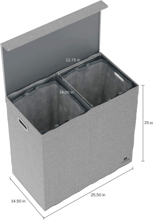 Double Laundry Basket with Lid – Two-Sided Clothes Hamper with Removable Mesh Liner Bags – Collapsible Clothing Organizer by Lavish Home (Gray)