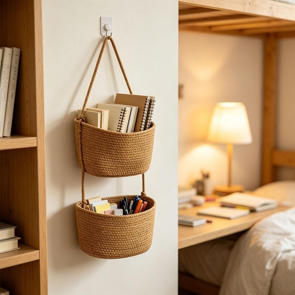 Woven Cotton 3-Tier Over the Door Basket, Boho Hanging Wall Organizer with 3 Storage Layers, Versatile Removable Basket for Kitchen Bedroom Closet Entryway, Space-Saving Home Decor (2 layers)
