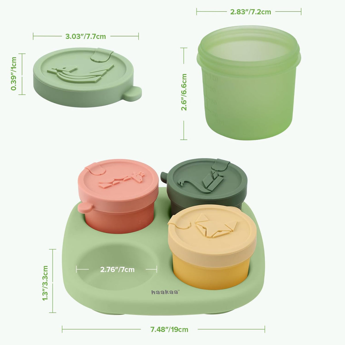 Silicone Baby Food Containers, 4oz/120ml Baby Food Jars with Leakproof Animal Lids and Tray, Freezer-Safe Storage for Homemade Purees, Snacks & Meal Prep, 4 Pack, Oat Tray