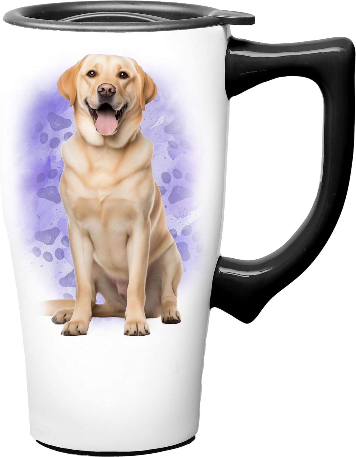 Yellow Lab Ceramic Travel Coffee Mug with Lid and Handle - Spill Proof Lid - Double Walled Mug for Hot and Cold Beverages - Microwave and Dishwasher Safe