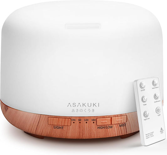 ASAKUKI Essential Oil Diffuser for Home, 500ML Aromatherapy Diffuser Humidifier with Remote Control, 7 Color LED Lights, Quie
