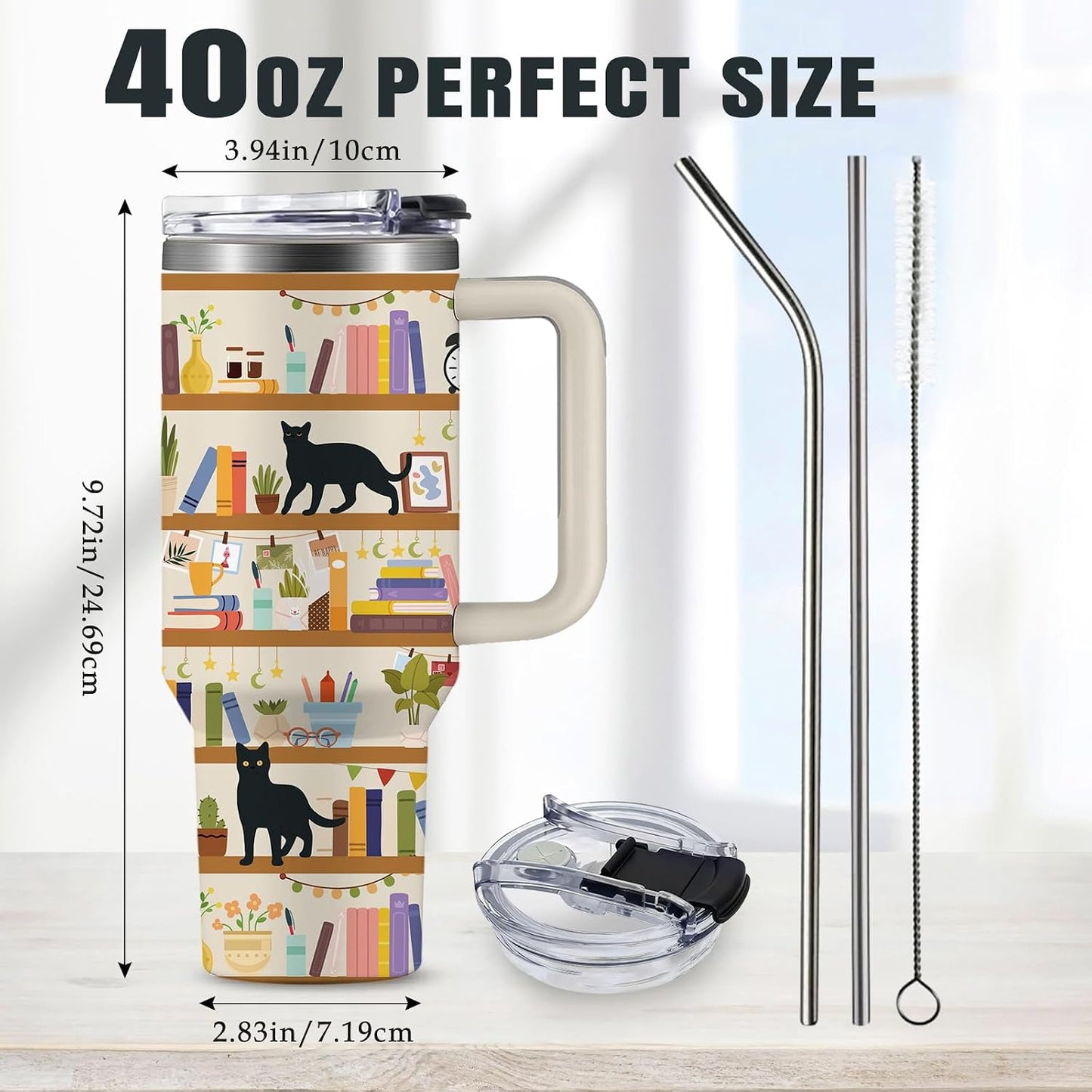 Funny Cat Coffee Mugs Fighting Cat Riding Dinosaur Dino Cups for Boys 40oz Cats T-Rex Travel Coffee Tumbler with Handle and Lids, Animal Cats Lovers Gifts for Women Men