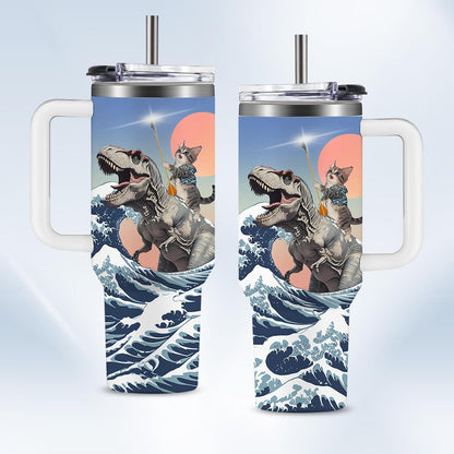 Funny Cat Coffee Mugs Fighting Cat Riding Dinosaur Dino Cups for Boys 40oz Cats T-Rex Travel Coffee Tumbler with Handle and Lids, Animal Cats Lovers Gifts for Women Men