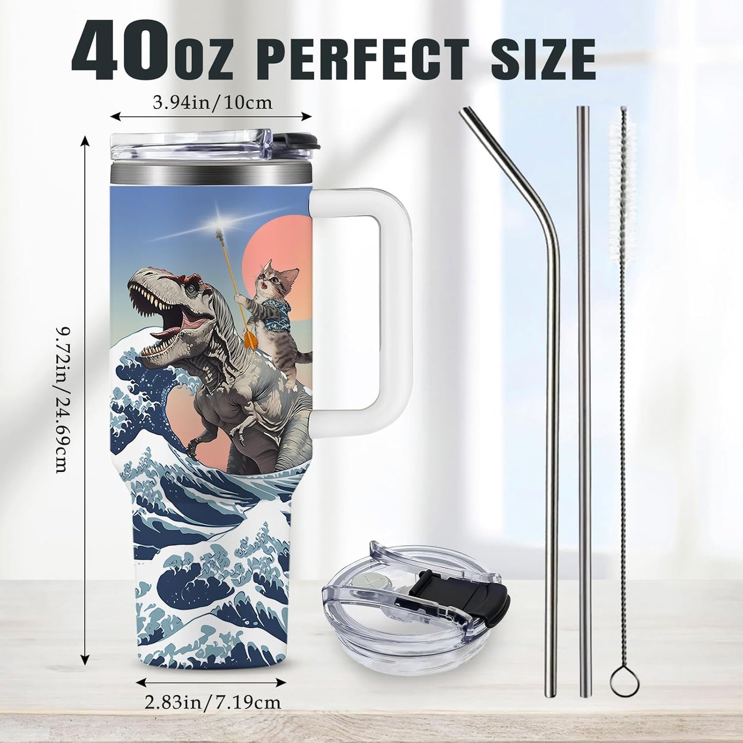 Funny Cat Coffee Mugs Fighting Cat Riding Dinosaur Dino Cups for Boys 40oz Cats T-Rex Travel Coffee Tumbler with Handle and Lids, Animal Cats Lovers Gifts for Women Men