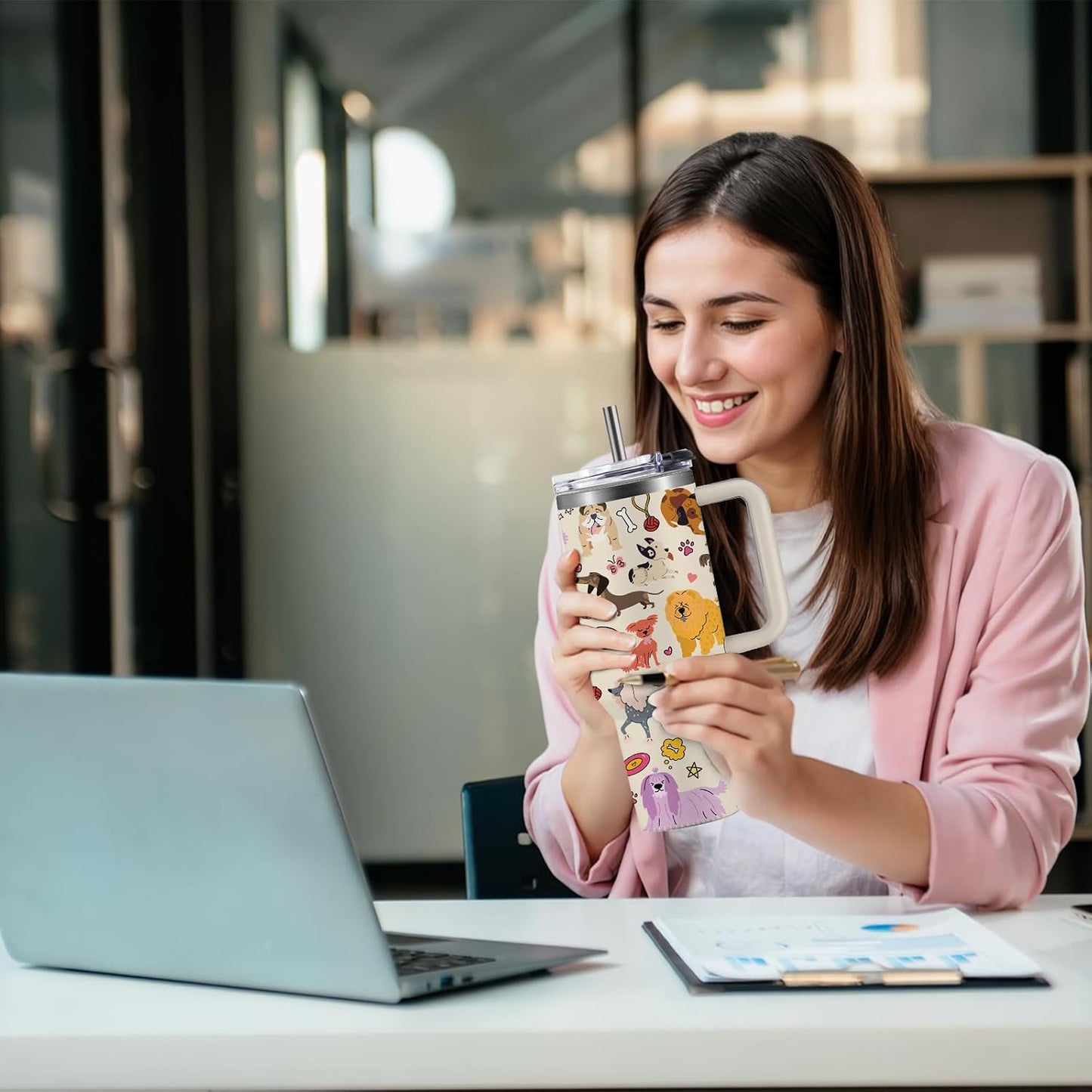 Funny Cat Coffee Mugs Fighting Cat Riding Dinosaur Dino Cups for Boys 40oz Cats T-Rex Travel Coffee Tumbler with Handle and Lids, Animal Cats Lovers Gifts for Women Men