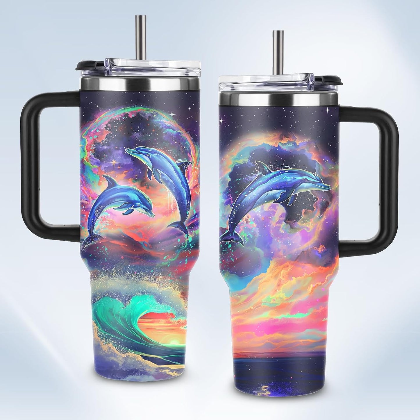 Funny Cat Coffee Mugs Fighting Cat Riding Dinosaur Dino Cups for Boys 40oz Cats T-Rex Travel Coffee Tumbler with Handle and Lids, Animal Cats Lovers Gifts for Women Men