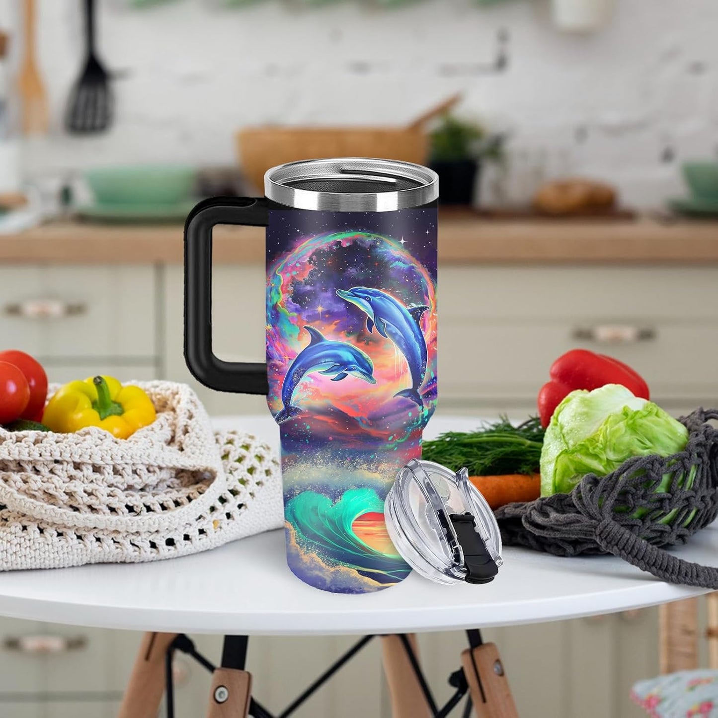 Funny Cat Coffee Mugs Fighting Cat Riding Dinosaur Dino Cups for Boys 40oz Cats T-Rex Travel Coffee Tumbler with Handle and Lids, Animal Cats Lovers Gifts for Women Men