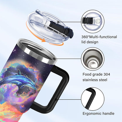 Funny Cat Coffee Mugs Fighting Cat Riding Dinosaur Dino Cups for Boys 40oz Cats T-Rex Travel Coffee Tumbler with Handle and Lids, Animal Cats Lovers Gifts for Women Men