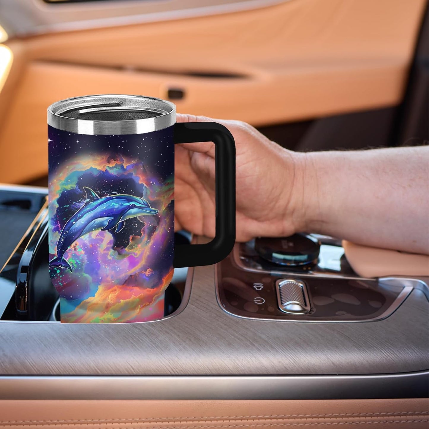 Funny Cat Coffee Mugs Fighting Cat Riding Dinosaur Dino Cups for Boys 40oz Cats T-Rex Travel Coffee Tumbler with Handle and Lids, Animal Cats Lovers Gifts for Women Men