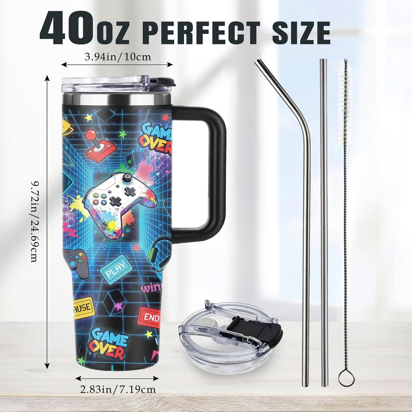 Funny Cat Coffee Mugs Fighting Cat Riding Dinosaur Dino Cups for Boys 40oz Cats T-Rex Travel Coffee Tumbler with Handle and Lids, Animal Cats Lovers Gifts for Women Men