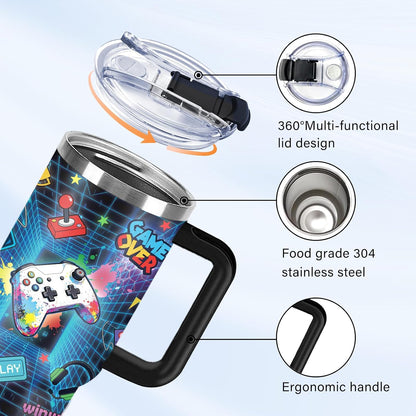 Funny Cat Coffee Mugs Fighting Cat Riding Dinosaur Dino Cups for Boys 40oz Cats T-Rex Travel Coffee Tumbler with Handle and Lids, Animal Cats Lovers Gifts for Women Men