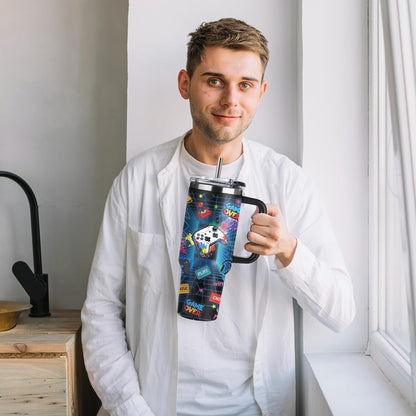 Funny Cat Coffee Mugs Fighting Cat Riding Dinosaur Dino Cups for Boys 40oz Cats T-Rex Travel Coffee Tumbler with Handle and Lids, Animal Cats Lovers Gifts for Women Men