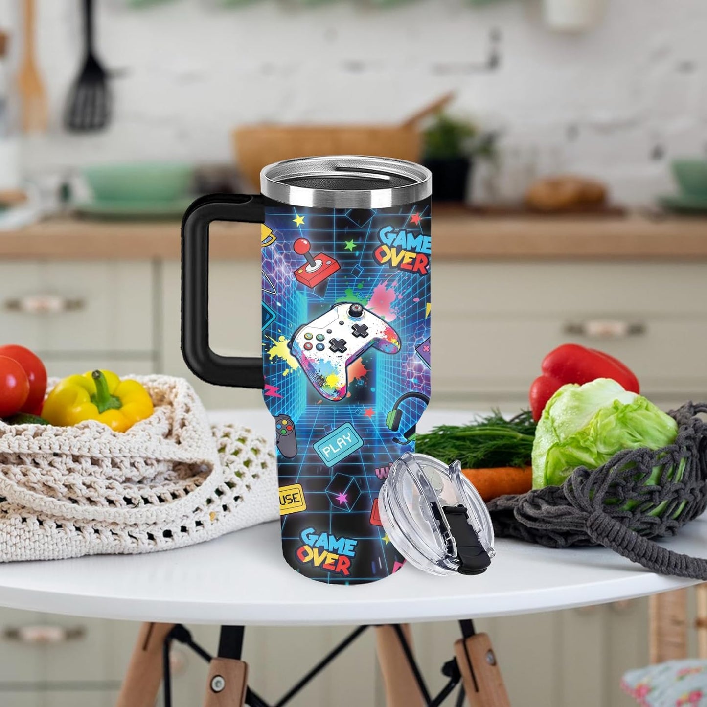 Funny Cat Coffee Mugs Fighting Cat Riding Dinosaur Dino Cups for Boys 40oz Cats T-Rex Travel Coffee Tumbler with Handle and Lids, Animal Cats Lovers Gifts for Women Men