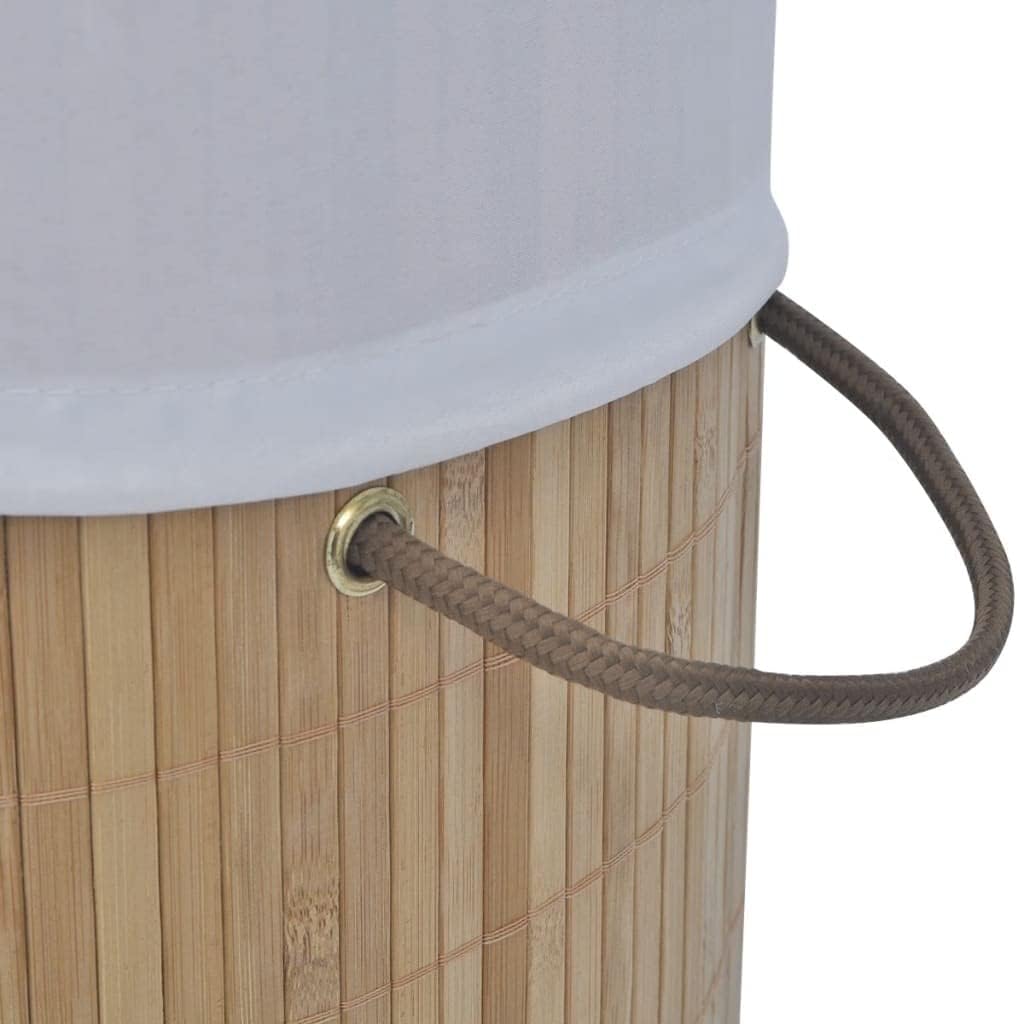 Round Bamboo Laundry Bin with Removable Liner, Dark Brown Woven Storage Hamper for Bathroom, Bedroom and Nursery Organization, Foldable Design with Side Handles