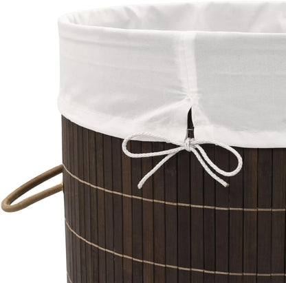 Round Bamboo Laundry Bin with Removable Liner, Dark Brown Woven Storage Hamper for Bathroom, Bedroom and Nursery Organization, Foldable Design with Side Handles