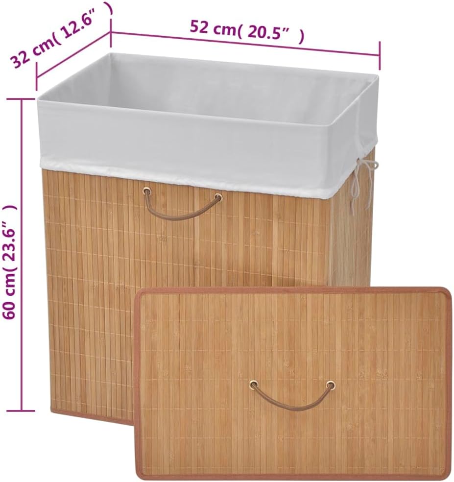 Round Bamboo Laundry Bin with Removable Liner, Dark Brown Woven Storage Hamper for Bathroom, Bedroom and Nursery Organization, Foldable Design with Side Handles