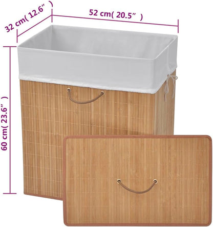 Round Bamboo Laundry Bin with Removable Liner, Dark Brown Woven Storage Hamper for Bathroom, Bedroom and Nursery Organization, Foldable Design with Side Handles