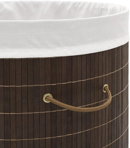Round Bamboo Laundry Bin with Removable Liner, Dark Brown Woven Storage Hamper for Bathroom, Bedroom and Nursery Organization, Foldable Design with Side Handles