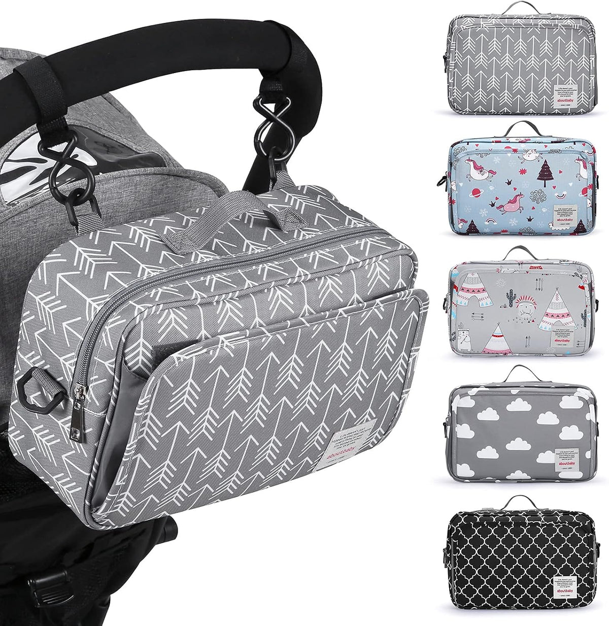 Small Diaper Bag, Stroller Organizer Bags for Baby with Insulated Pocket, Stroller Hooks and Adjustable Strap,Universal Mini Diaper Tote Bags Fit All Strollers, Gray