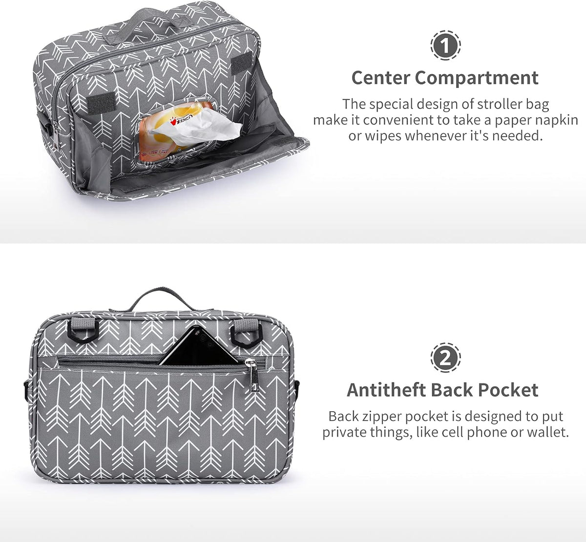 Small Diaper Bag, Stroller Organizer Bags for Baby with Insulated Pocket, Stroller Hooks and Adjustable Strap,Universal Mini Diaper Tote Bags Fit All Strollers, Gray