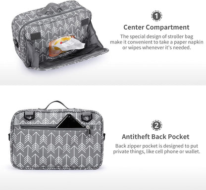 Small Diaper Bag, Stroller Organizer Bags for Baby with Insulated Pocket, Stroller Hooks and Adjustable Strap,Universal Mini Diaper Tote Bags Fit All Strollers, Gray