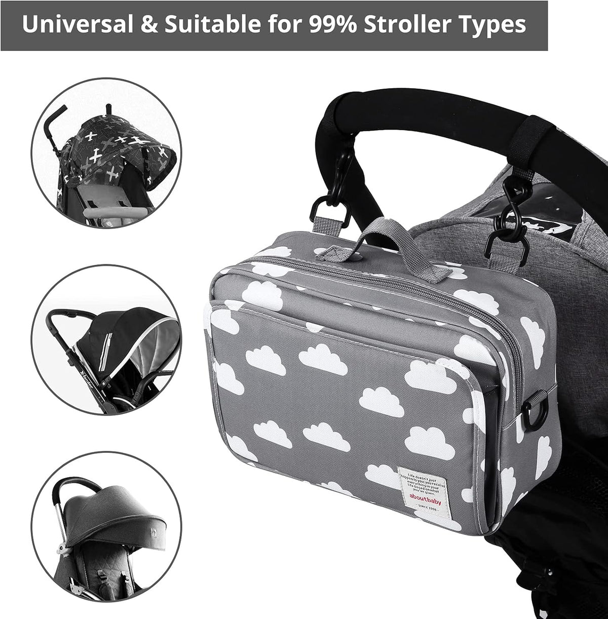 Small Diaper Bag, Stroller Organizer Bags for Baby with Insulated Pocket, Stroller Hooks and Adjustable Strap,Universal Mini Diaper Tote Bags Fit All Strollers, Gray
