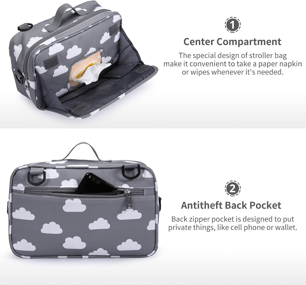 Small Diaper Bag, Stroller Organizer Bags for Baby with Insulated Pocket, Stroller Hooks and Adjustable Strap,Universal Mini Diaper Tote Bags Fit All Strollers, Gray