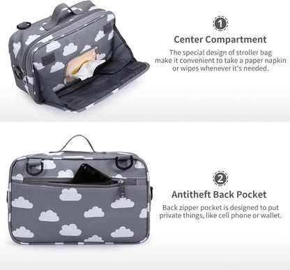 Small Diaper Bag, Stroller Organizer Bags for Baby with Insulated Pocket, Stroller Hooks and Adjustable Strap,Universal Mini Diaper Tote Bags Fit All Strollers, Gray
