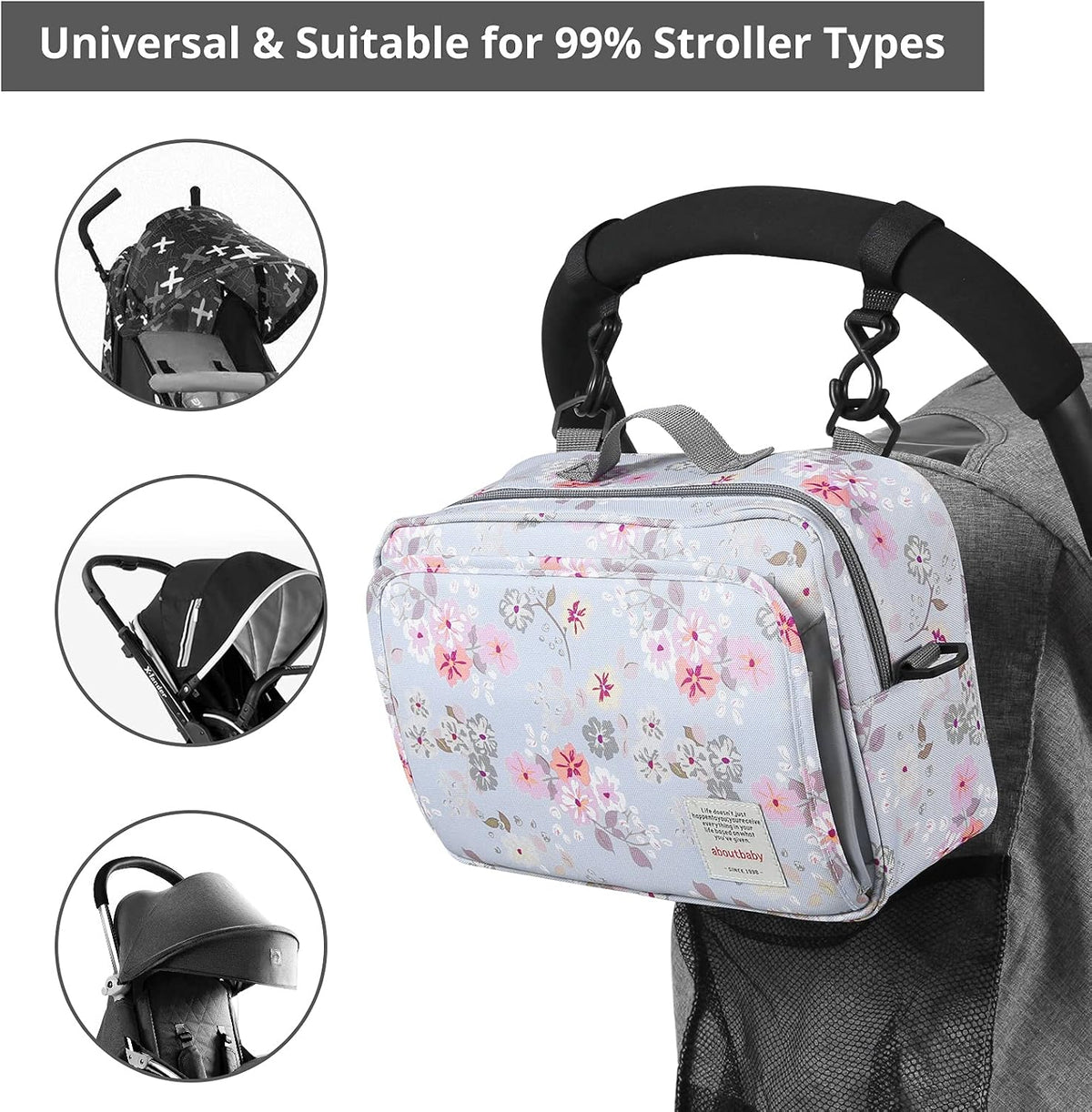 Small Diaper Bag, Stroller Organizer Bags for Baby with Insulated Pocket, Stroller Hooks and Adjustable Strap,Universal Mini Diaper Tote Bags Fit All Strollers, Gray
