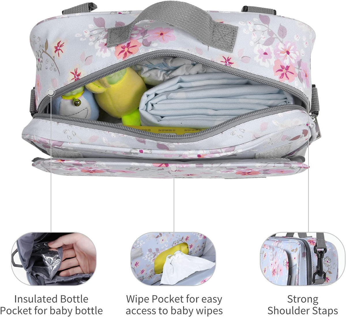 Small Diaper Bag, Stroller Organizer Bags for Baby with Insulated Pocket, Stroller Hooks and Adjustable Strap,Universal Mini Diaper Tote Bags Fit All Strollers, Gray