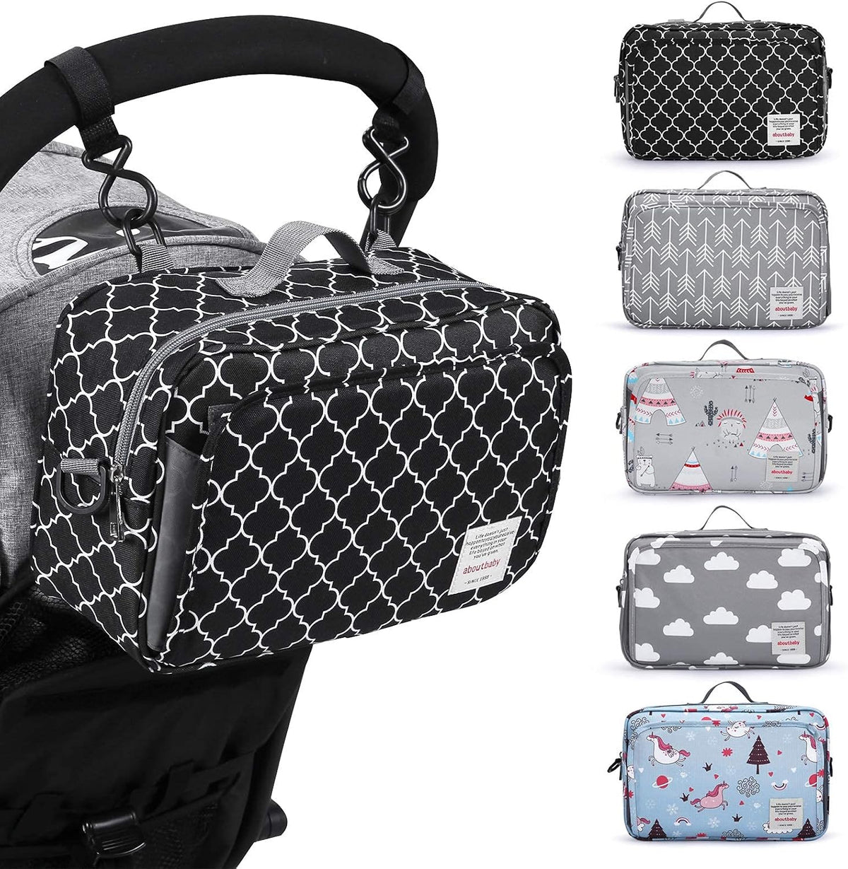 Small Diaper Bag, Stroller Organizer Bags for Baby with Insulated Pocket, Stroller Hooks and Adjustable Strap,Universal Mini Diaper Tote Bags Fit All Strollers, Gray