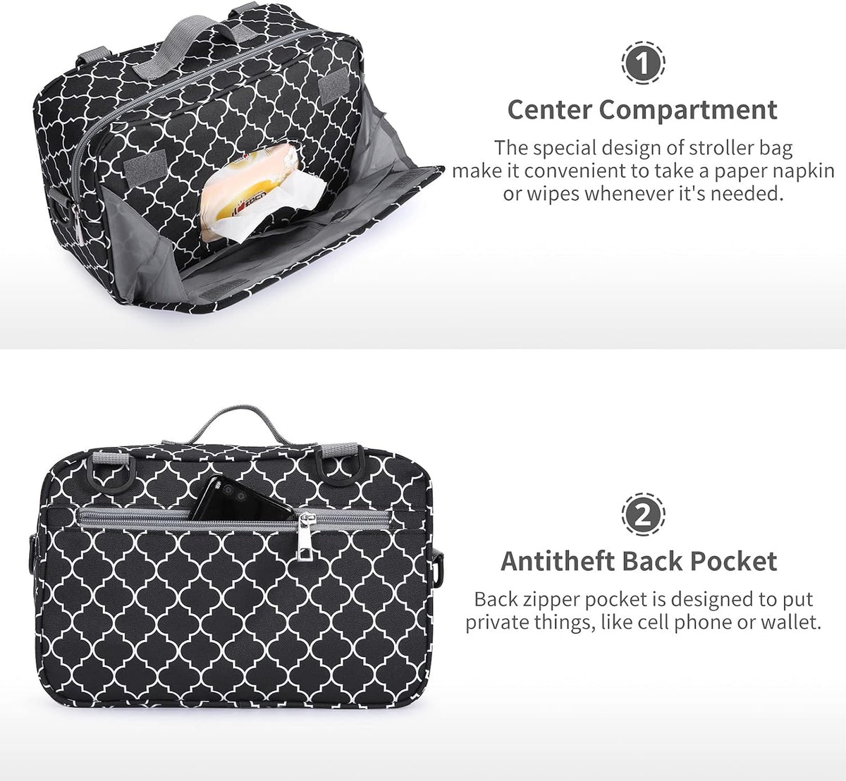 Small Diaper Bag, Stroller Organizer Bags for Baby with Insulated Pocket, Stroller Hooks and Adjustable Strap,Universal Mini Diaper Tote Bags Fit All Strollers, Gray