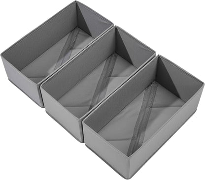 Sock Drawer Organizer 3 Pack - Collapsible Fabric Storage Bins for Underwear Divider, Small Closet Organizers with 3 Compartments, Gray