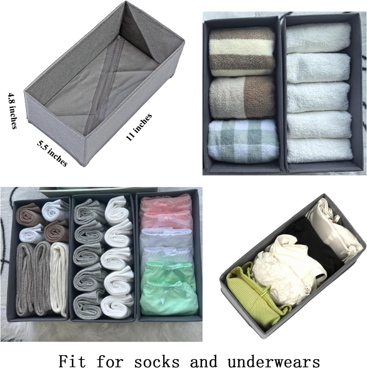 Sock Drawer Organizer 3 Pack - Collapsible Fabric Storage Bins for Underwear Divider, Small Closet Organizers with 3 Compartments, Gray