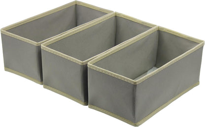 Sock Drawer Organizer 3 Pack - Collapsible Fabric Storage Bins for Underwear Divider, Small Closet Organizers with 3 Compartments, Gray