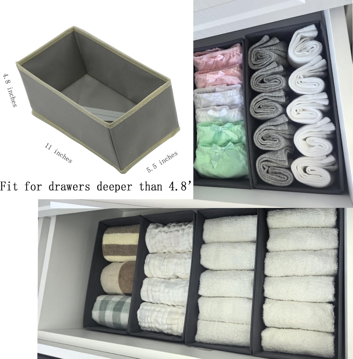 Sock Drawer Organizer 3 Pack - Collapsible Fabric Storage Bins for Underwear Divider, Small Closet Organizers with 3 Compartments, Gray