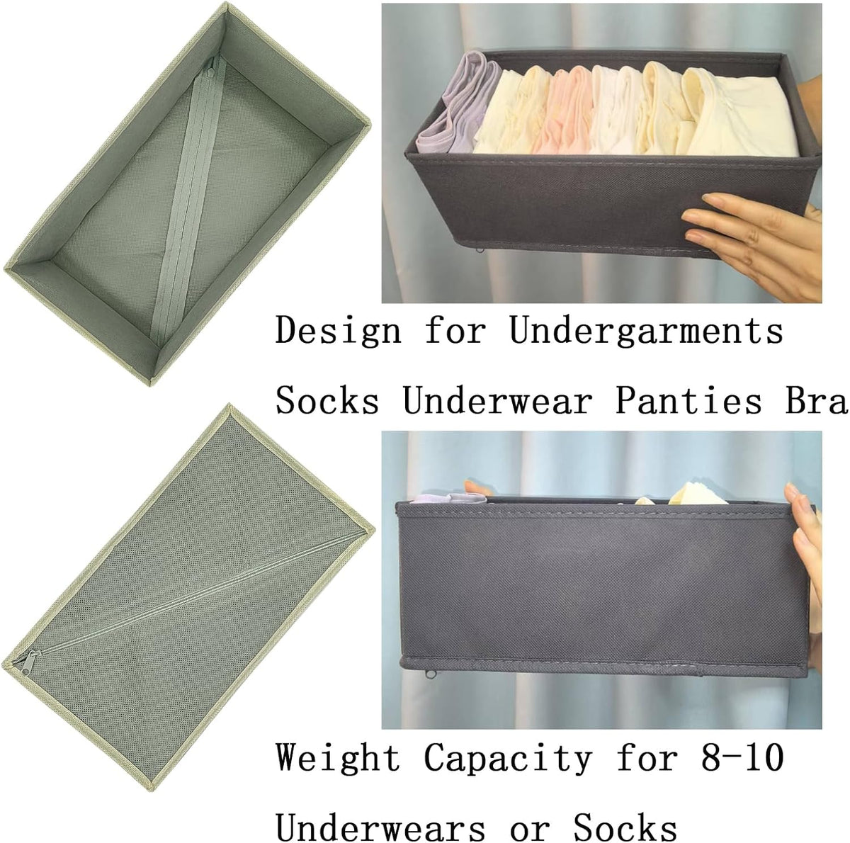 Sock Drawer Organizer 3 Pack - Collapsible Fabric Storage Bins for Underwear Divider, Small Closet Organizers with 3 Compartments, Gray