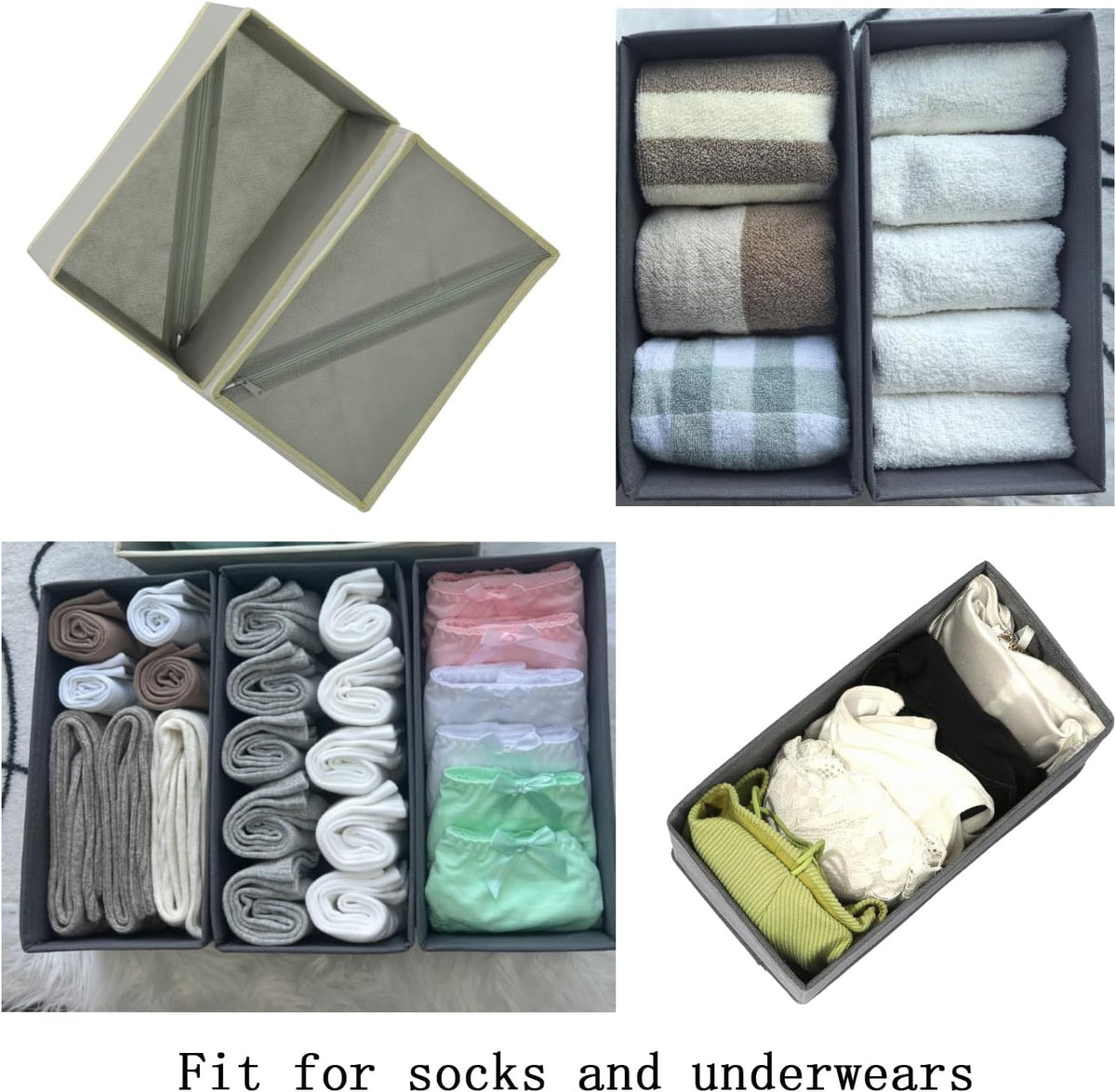 Sock Drawer Organizer 3 Pack - Collapsible Fabric Storage Bins for Underwear Divider, Small Closet Organizers with 3 Compartments, Gray