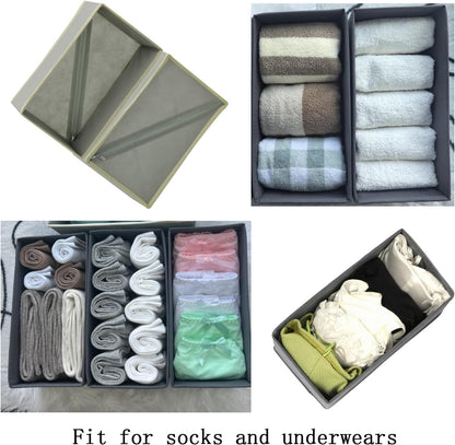 Sock Drawer Organizer 3 Pack - Collapsible Fabric Storage Bins for Underwear Divider, Small Closet Organizers with 3 Compartments, Gray